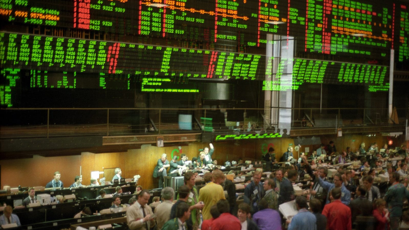 Electronic price boards above the Chicago Board of Trade floor